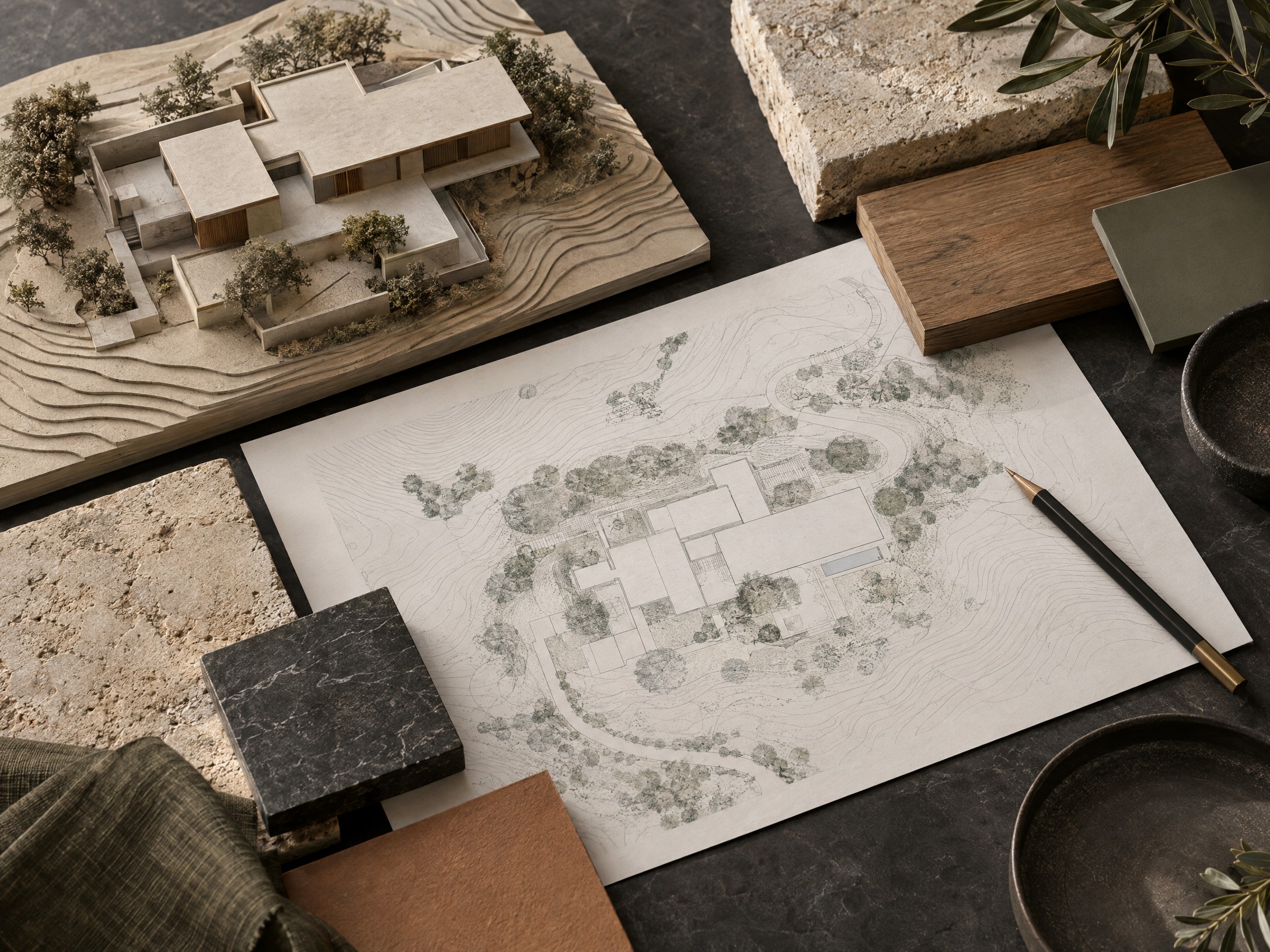 Illustrative architectural model and material palette for a custom-home planning conversation